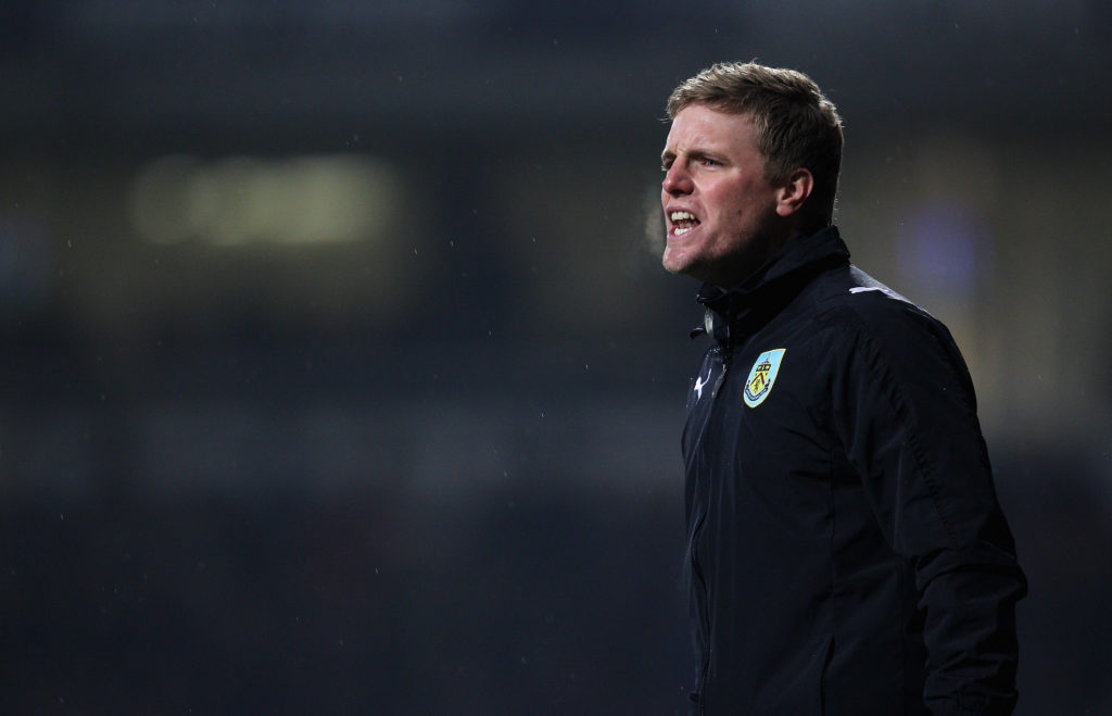 Eddie Howe shouts from the touchline during an FA Cup game between West Ham United and Burnley.