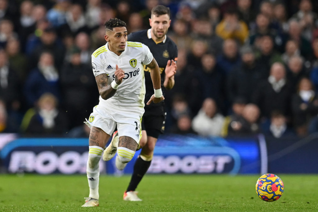 Raphinha runs with the ball during Leeds United's Premier League game against Newcastle United in 2022.