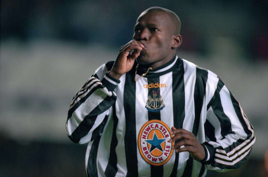 Tino Asprilla celebrates scoring a goal during Newcastle Utd v Barcelona in the Champions League.