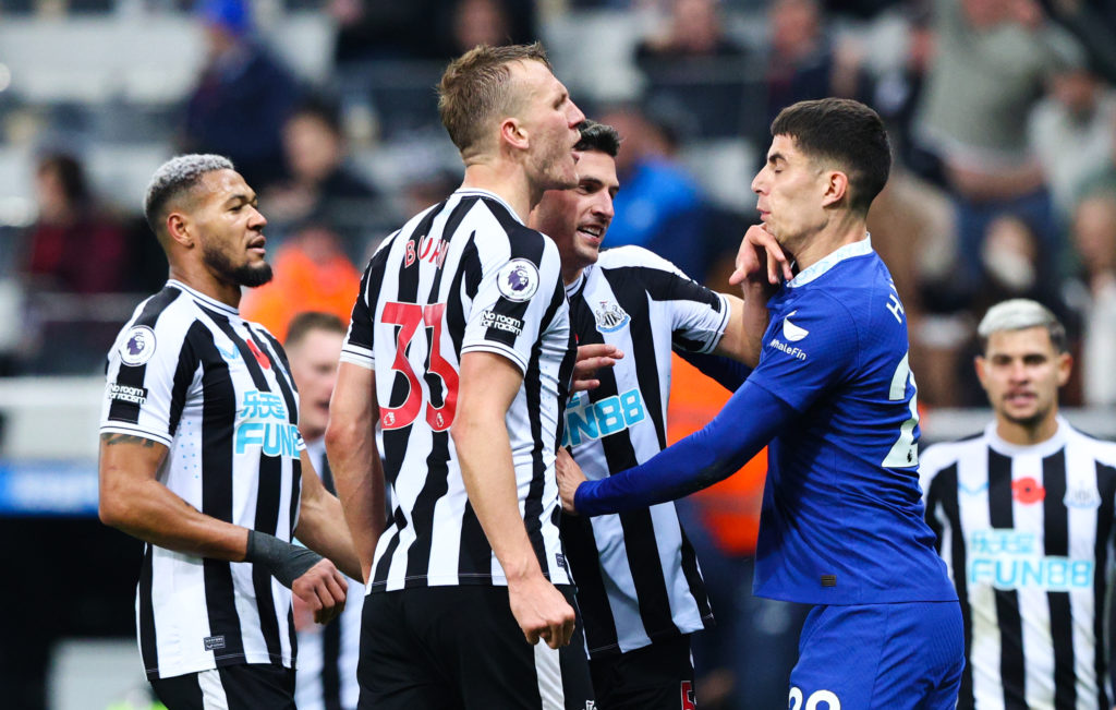 Dan Burn and Kai Havertz square up to each other after Newcastle United's Premier League win over Chelsea.