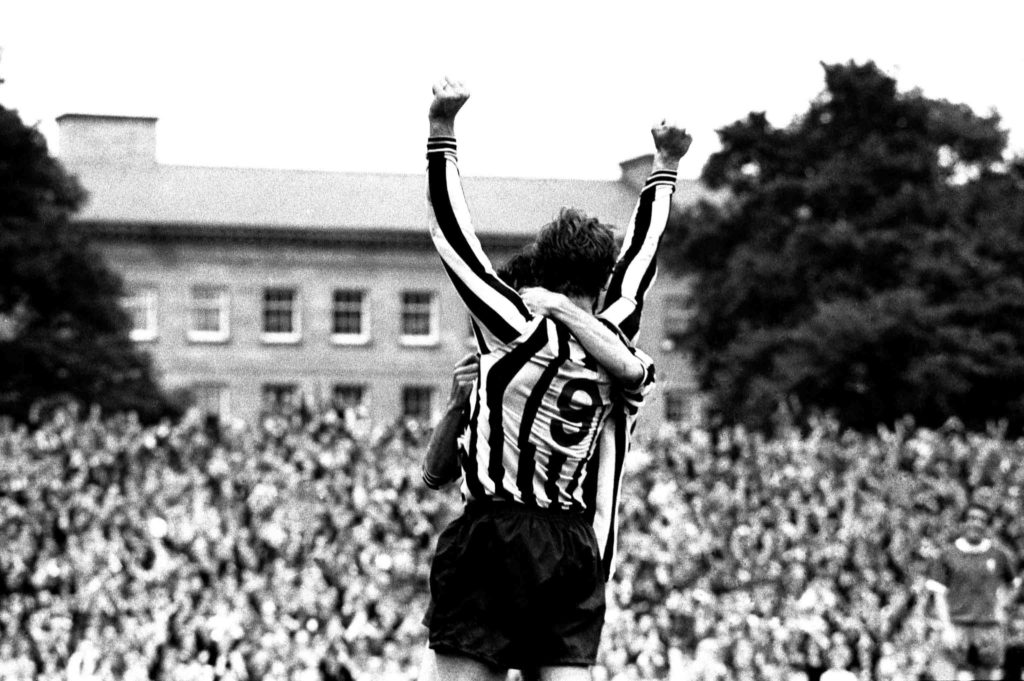 Newcastle United v Liverpool at St James's Park, 21/08/71. Malcolm MacDonald celebrates after scoring a goal.