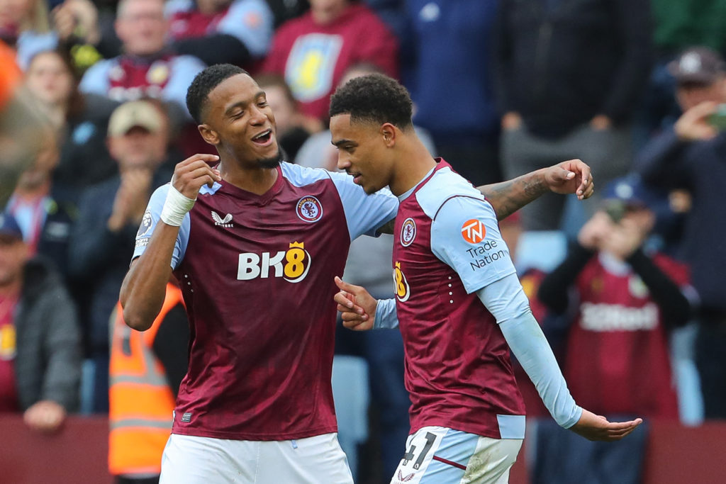 Jacob Ramsey and Ezri Konsa celebrate together during Aston Villa's game against Brighton.