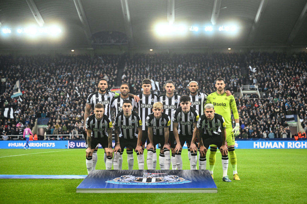 Newcastle United players line up before a Champions League game between Newcastle United and AC Milan.