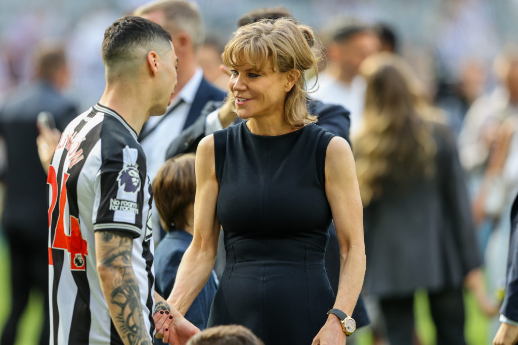 Amanda Staveley talks to Miguel Almiron after a Premier League between Newcastle United and Brighton.
