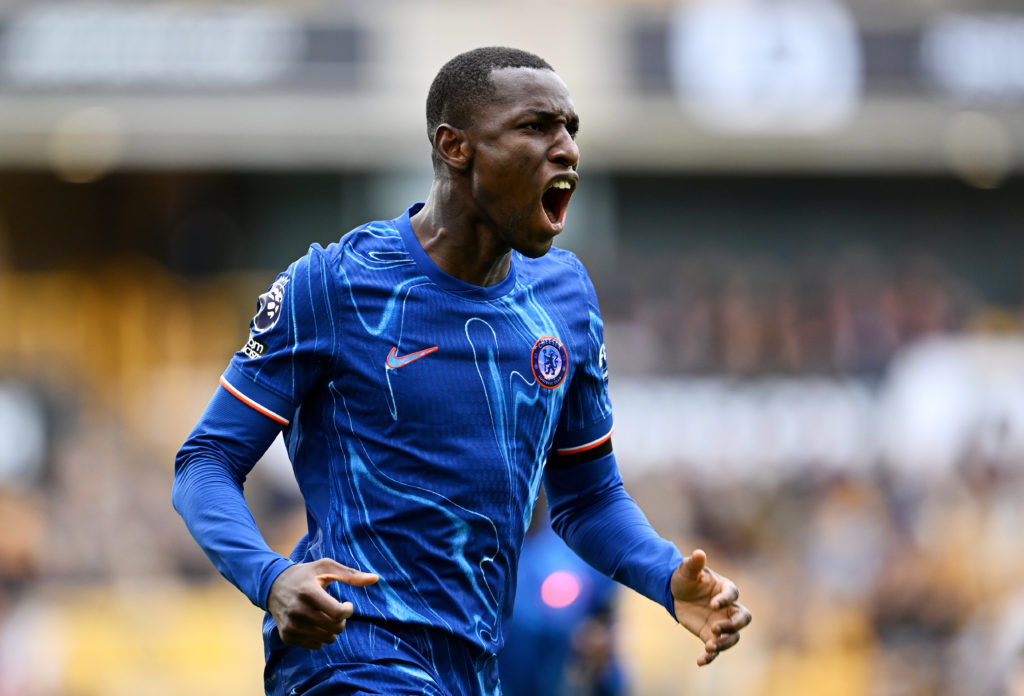Nicolas Jackson celebrates after scoring a Premier League goal for Chelsea.