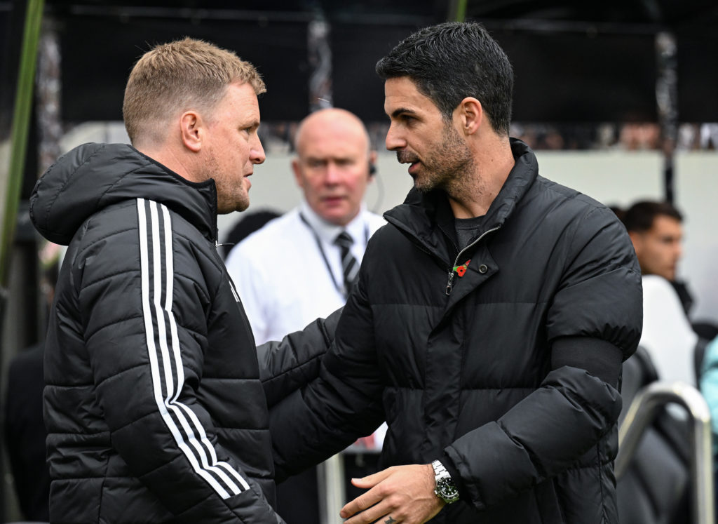 Eddie Howe and Mikel Arteta greet each other ahead of Newcastle United vs Arsenal.
