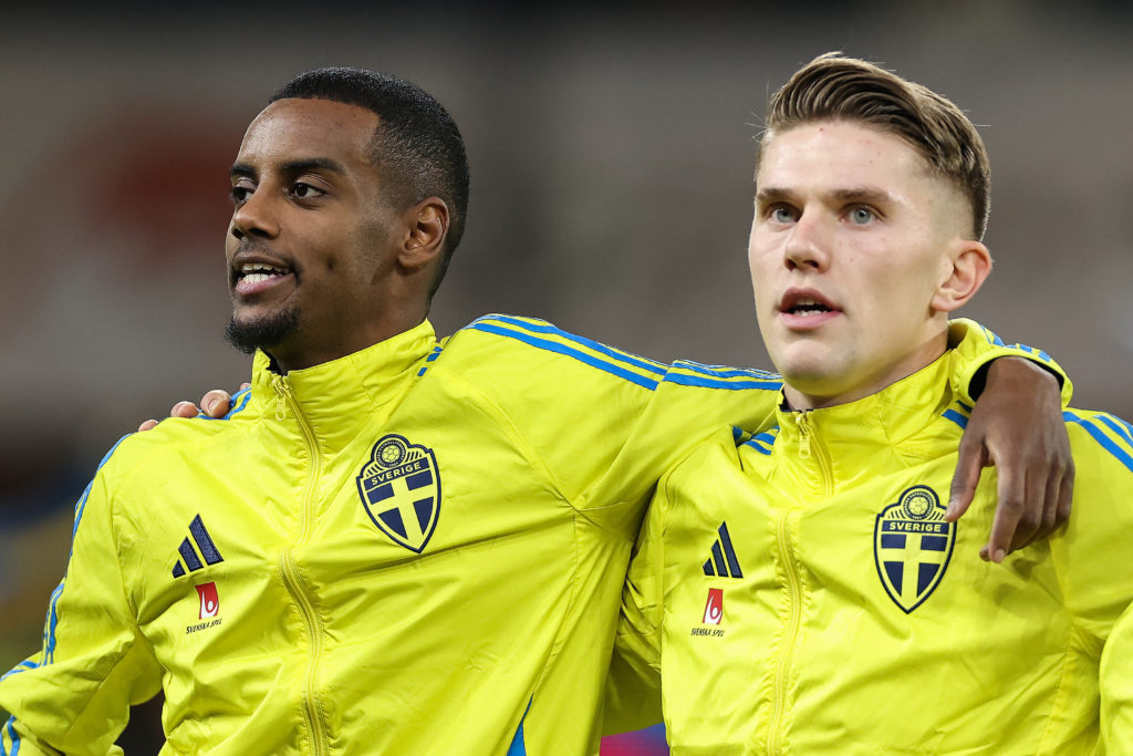Alexander Isak and Viktor Gyokeres sing the Swedish national anthem ahead of playing for Sweden in the Nations League.