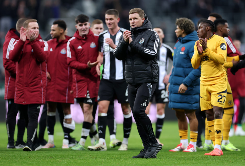 Eddie Howe celebrates Newcastle United's Premier League win over Wolves.