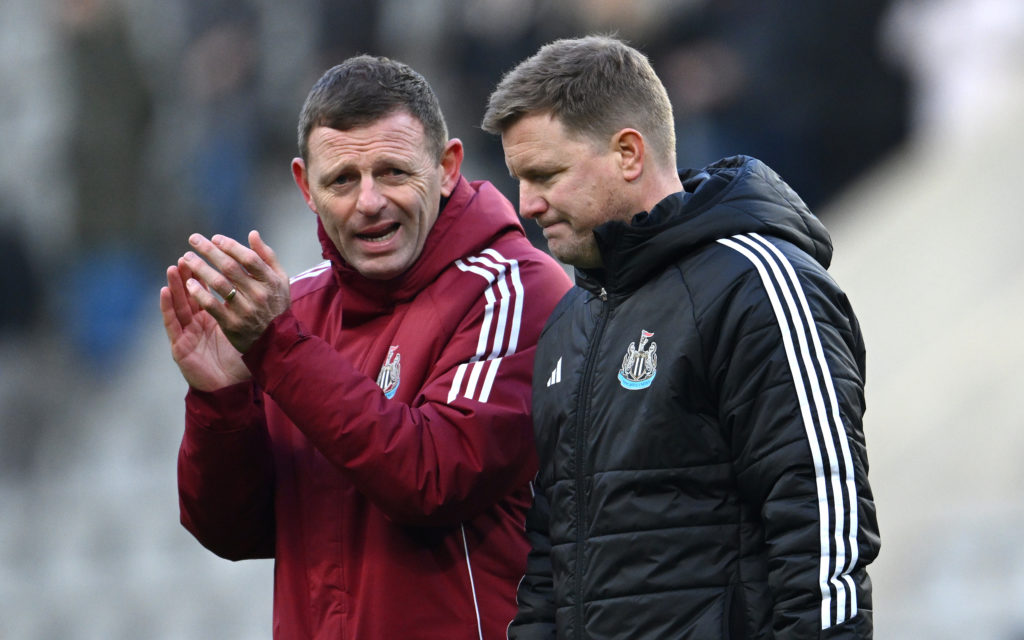 Eddie Howe speaks with Graeme Jones following Newcastle United's Premier League defeat to Bournemouth at St James' Park.