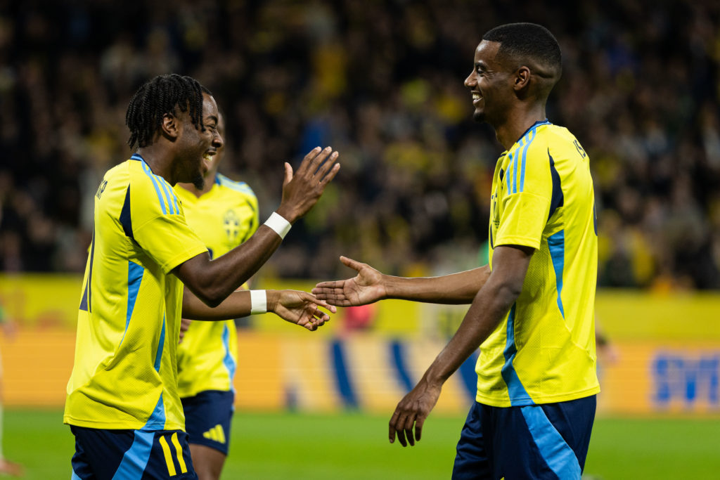 Anthony Elanga celebrates with Alexander Isak during an international game between Sweden and Northern Ireland.