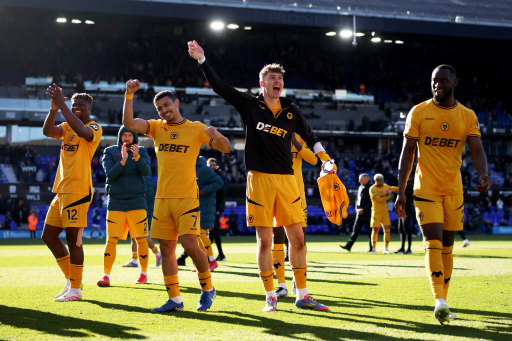 Jorgen Strand Larsen celebrates Wolves' Premier League win over Ipswich Town.
