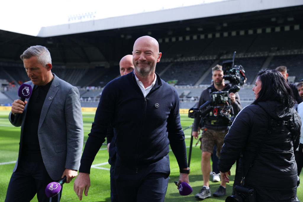 Alan Shearer doing punditry before a Premier League game between Newcastle United and Manchester United.
