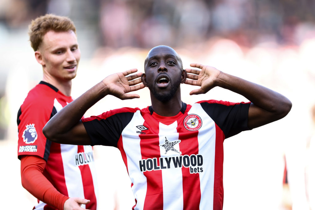 Yoane Wissa celebrates scoring for Brentford against Brighton.