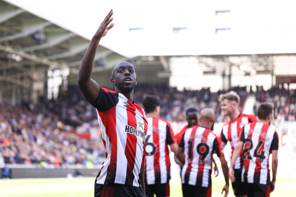 Yoane Wissa celebrates his goal for Brentford in the Premier League against Brighton.