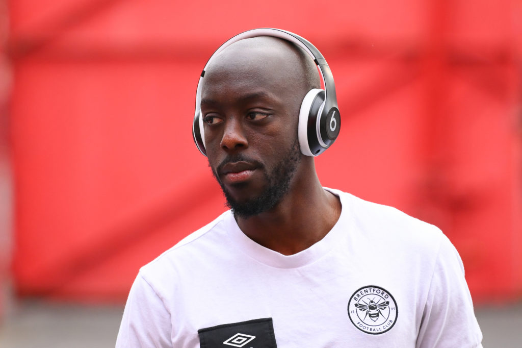Yoane Wissa arrives ahead of Brentford's Premier League game against Nottingham Forest.