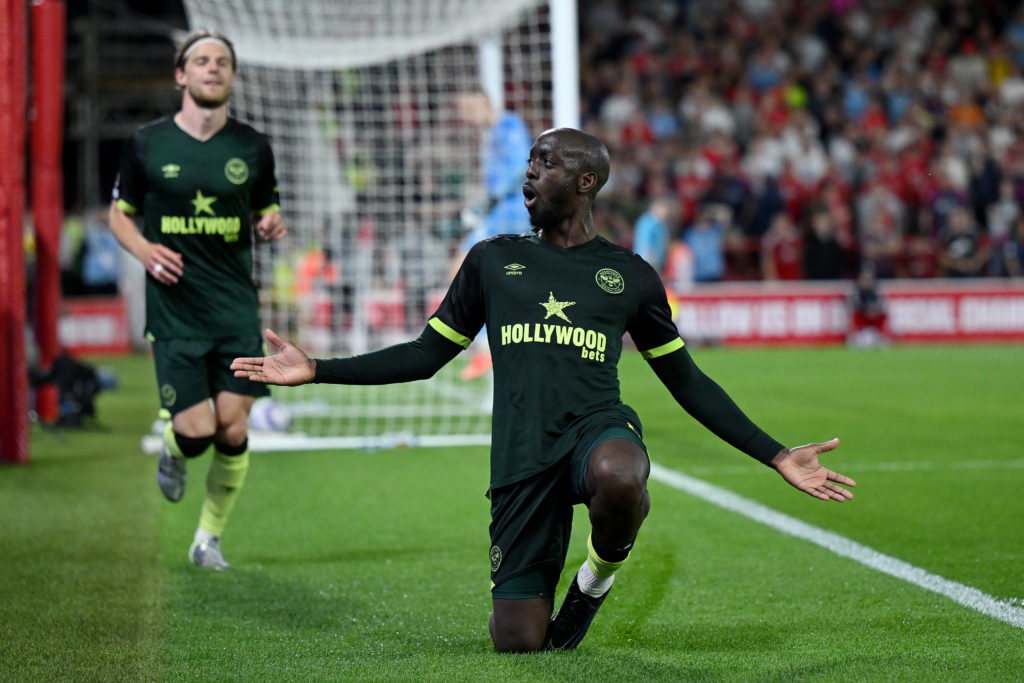 Yoane Wissa celebrates a goal during a Premier League game between Nottingham Forest and Brentford.