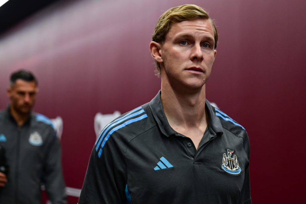 Emil Krafth arrives ahead of Newcastle United's Premier League game against Aston Villa.