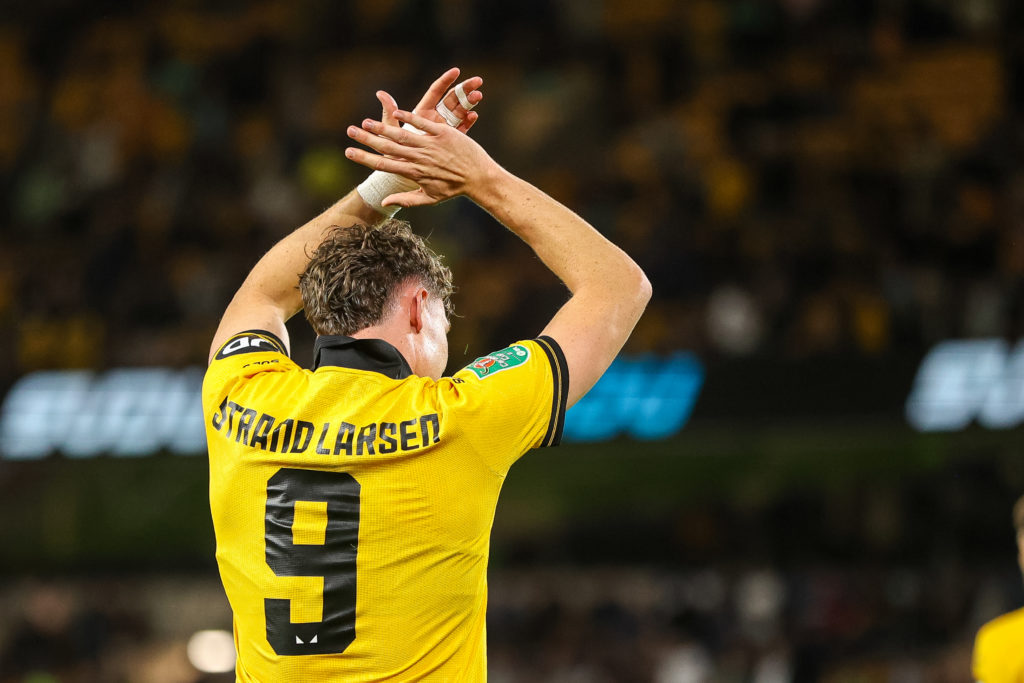 Jorgen Strand Larsen applauds the fans following a game between Wolves and West Ham United