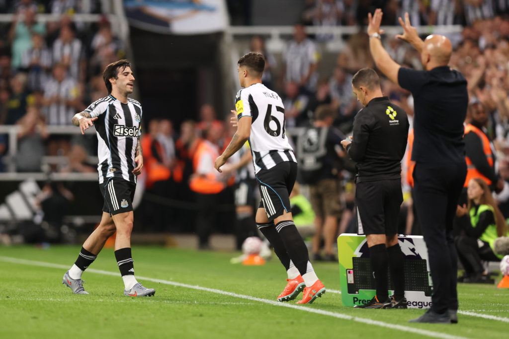 Lewis Miley replaces Sandro Tonali during Newcastle United vs Liverpool.