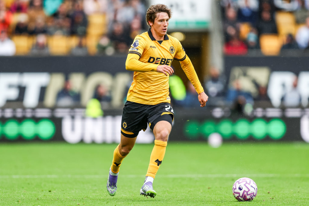 Fer Lopez carries the ball during a Premier League game between Wolves and Everton.