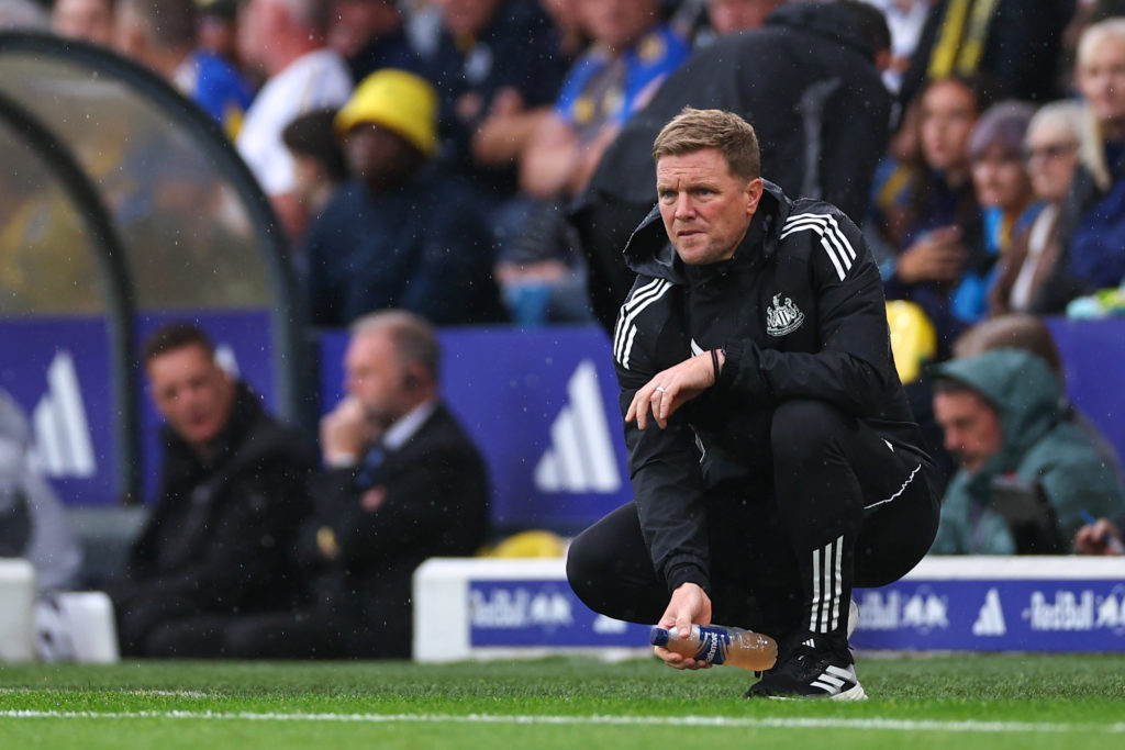 Eddie Howe watches on during Newcastle United's Premier League game against Leeds United.