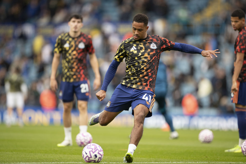 Jacob Ramsey warms up before a Premier League game between Leeds United and Newcastle United.