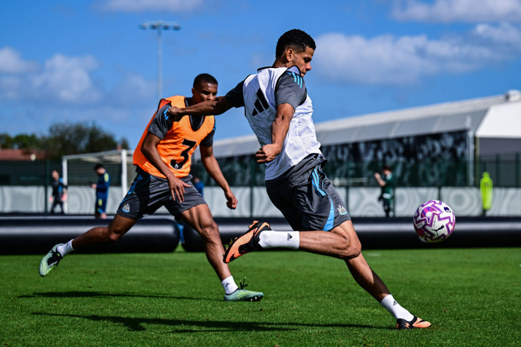 William Osula strikes the ball during a Newcastle United Training Session