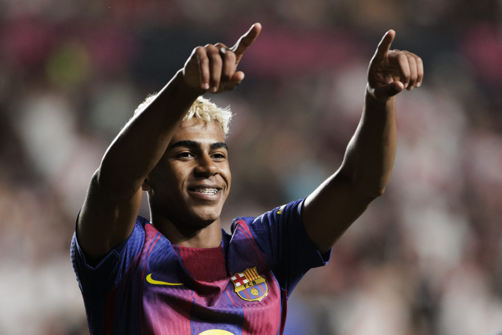 Lamine Yamal celebrates scoring for Barcelona against Rayo Vallecano in La Liga.