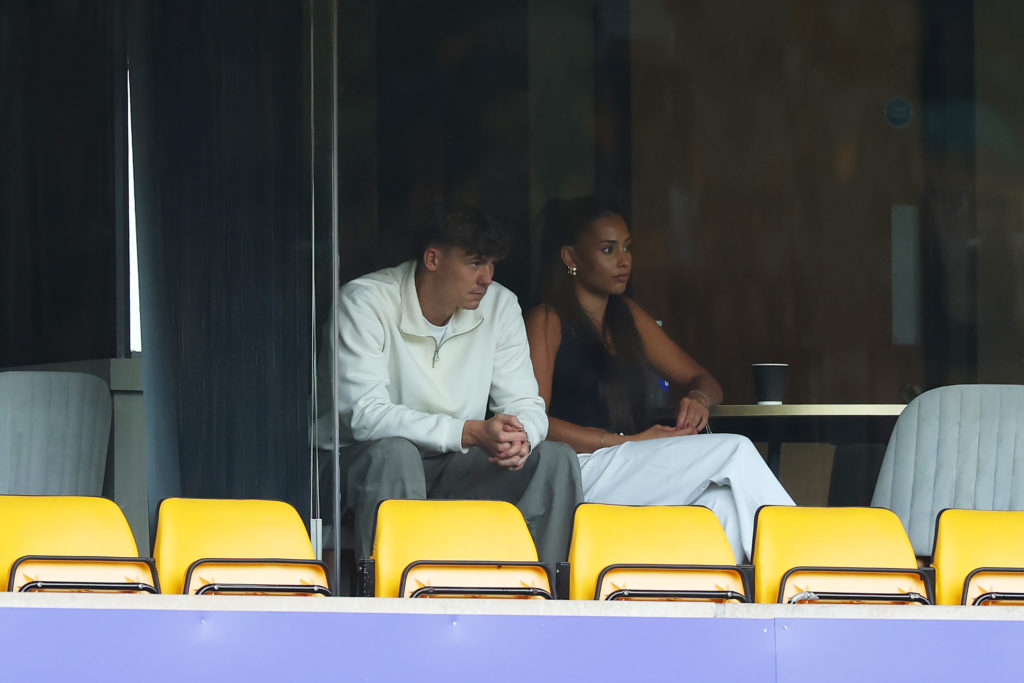 Jorgen Strand Larsen watches Wolves play against Everton from the stands.
