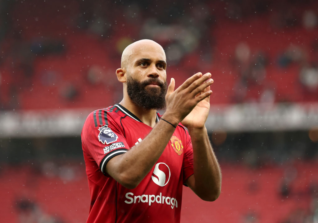 Bryan Mbeumo applauds towards Manchester United fans after their Premier League win over Burnley.