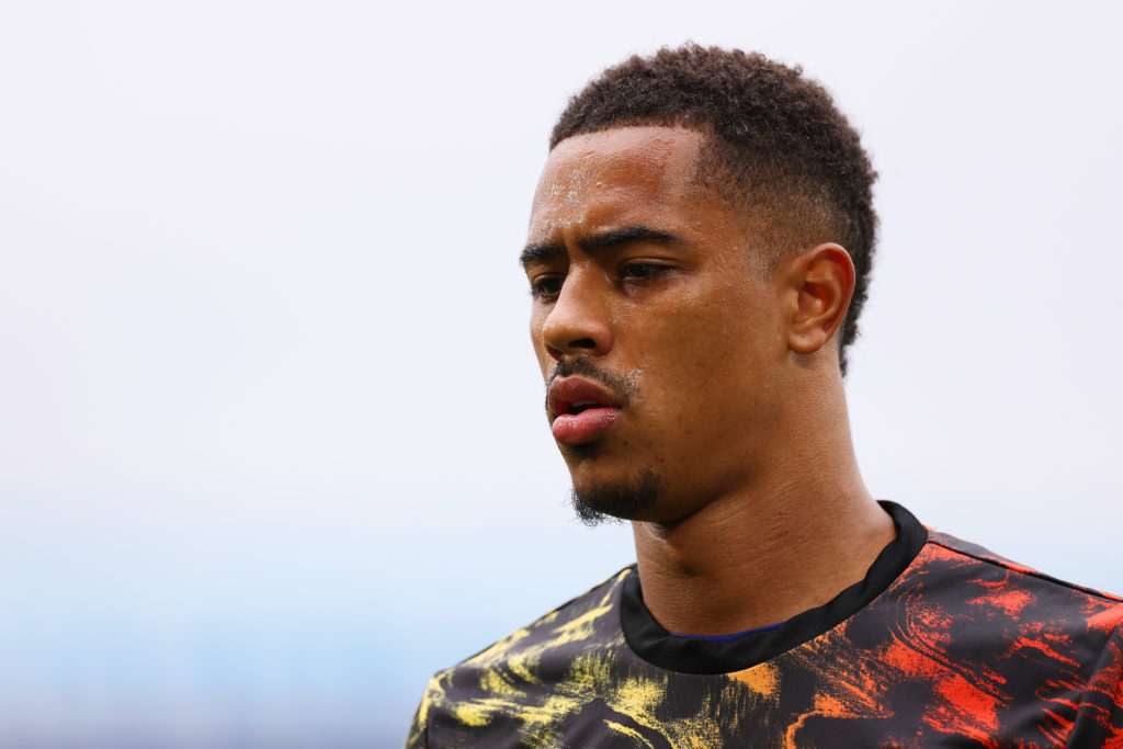 Jacob Ramsey warms up during a Premier League game between Leeds United and Newcastle United.