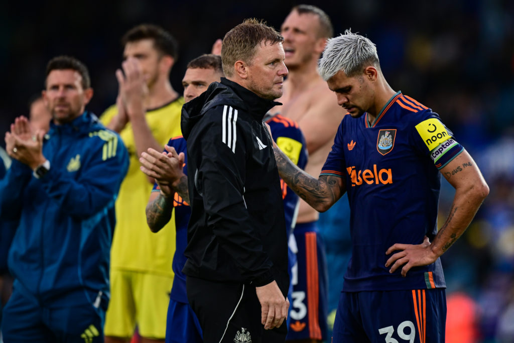 Eddie Howe and Bruno Guimaraes react after Newcastle United's Premier League draw with Leeds United.