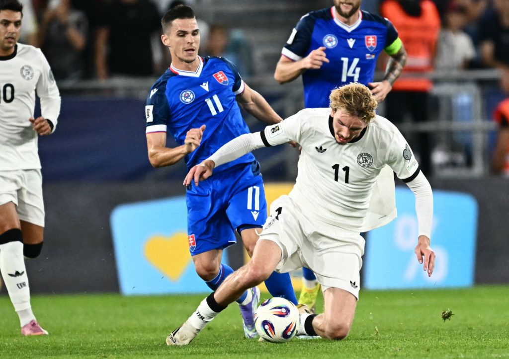 Nick Woltemade goes to ground during an international game between Slovakia and Germany.
