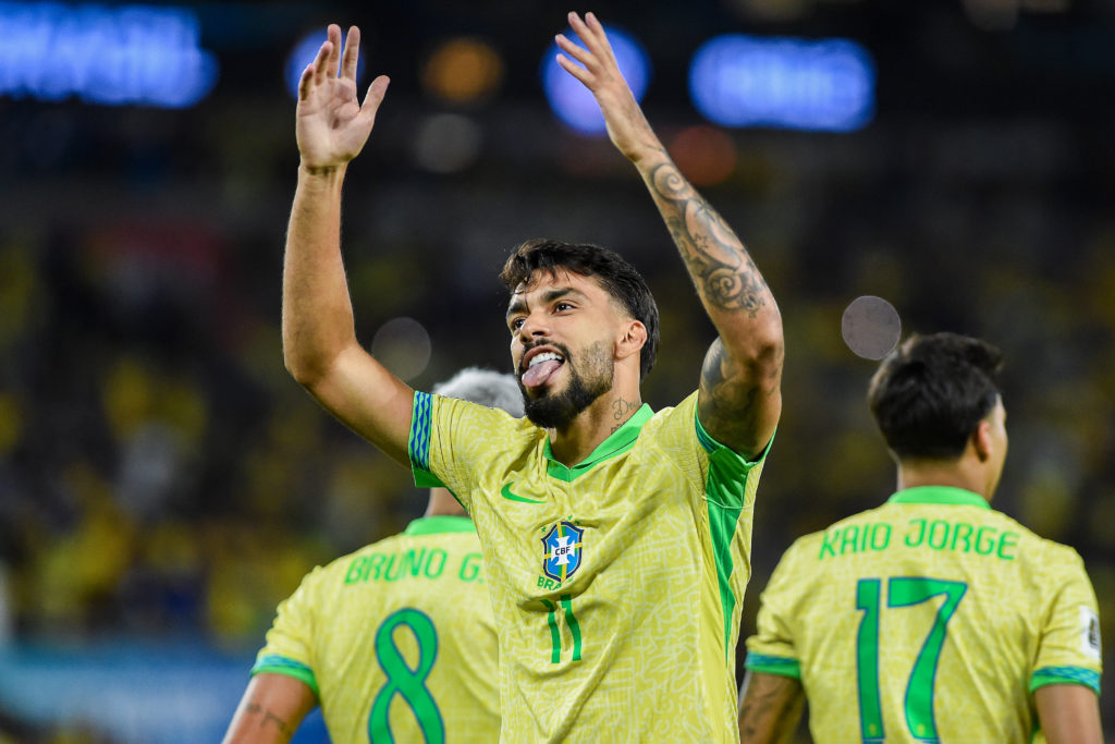 Lucas Paqueta celebrates his goal for Brazil against Chile.