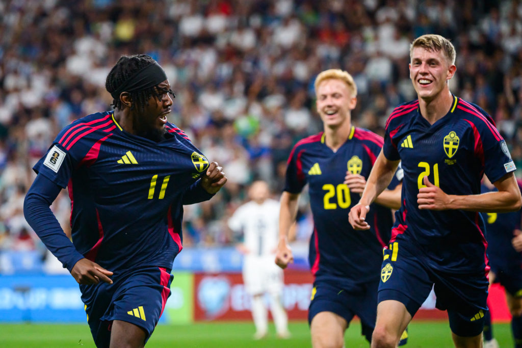Anthony Elanga celebrates after scoring in an international game between Slovenia and Sweden.