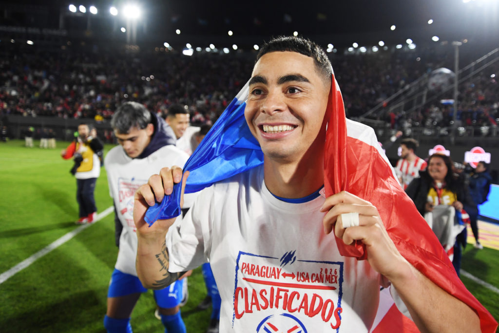 Miguel Almiron celebrates Paraguay qualifying for the World Cup.