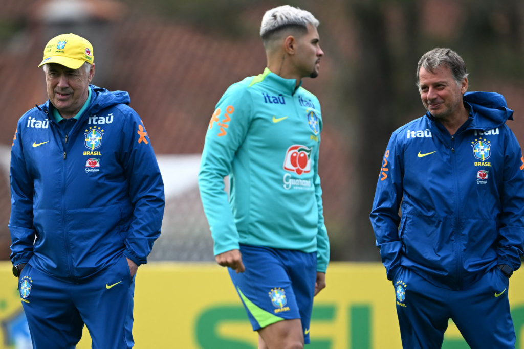 Bruno Guimaraes looks on during Brazil training.