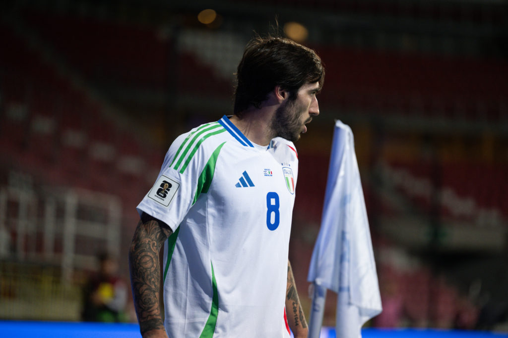 Sandro Tonali looks on during an international game between Israel and Italy.