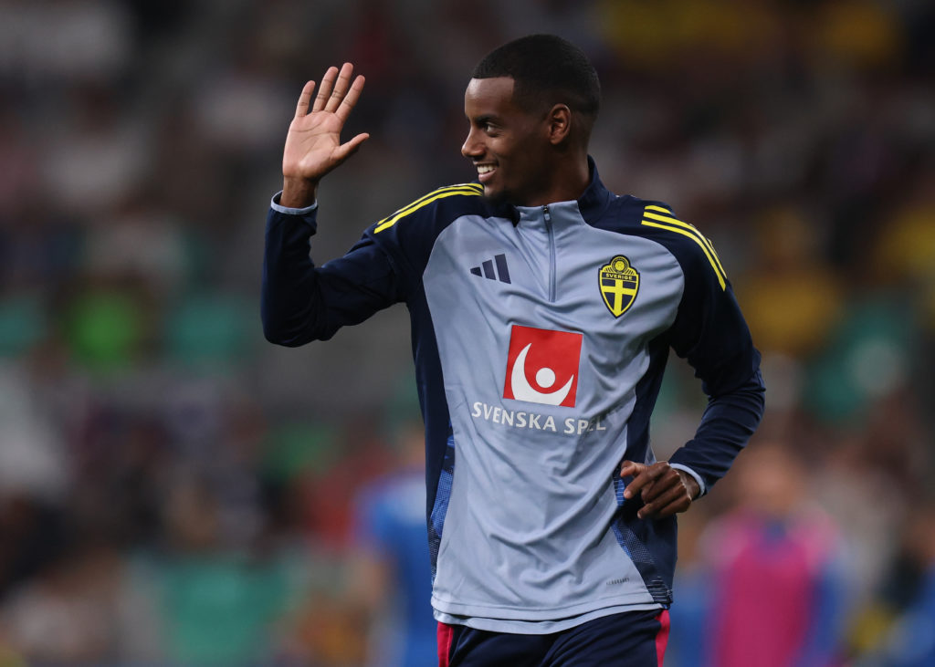 Alexander Isak warms up before an international game between Slovenia and Sweden.