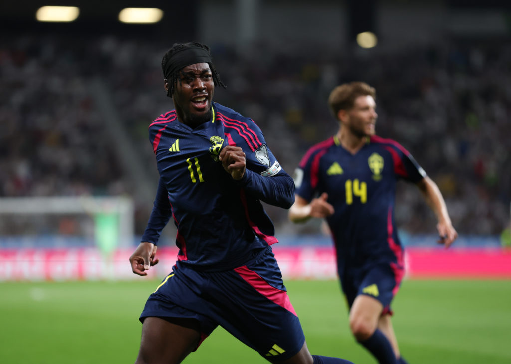 Anthony Elanga celebrates during an international game between Slovenia and Sweden.