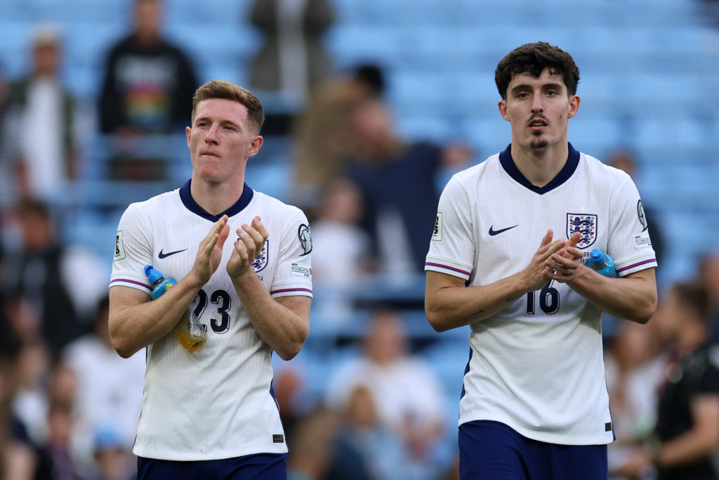 Elliot Anderson and Tino Livramento applaud the fans after an international game between England and Andorra.
