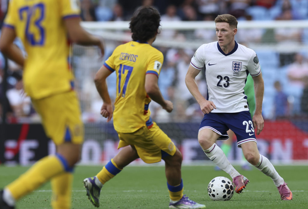 Elliot Anderson with the ball during an international game between England and Andorra.