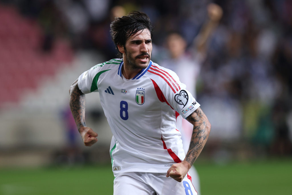 Sandro Tonali celebrates after scoring for Italy against Israel.