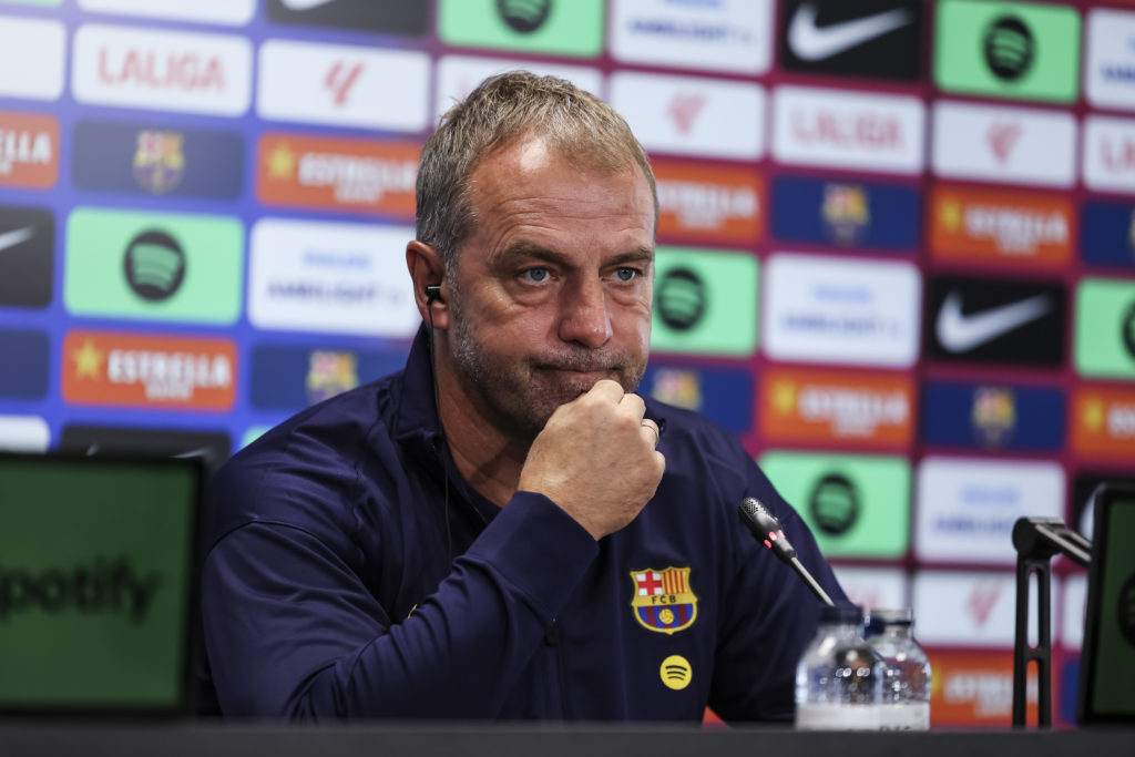 FC Barcelona head coach Hansi Flick speaking at a press conference.