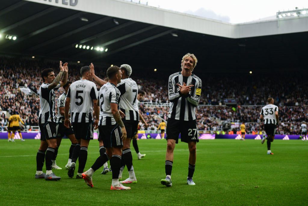 Nick Woltemade celebrates alongside his teammates after scoring in Newcastle United's win over Wolves.