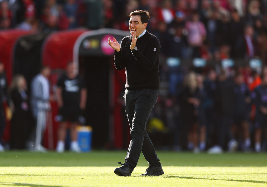 Andoni Iraola applauds the supporters following a game between Bournemouth and Brighton.