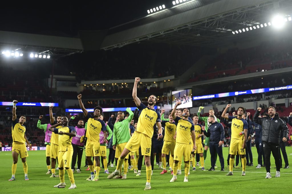 Union SG players celebrate after defeating PSV.