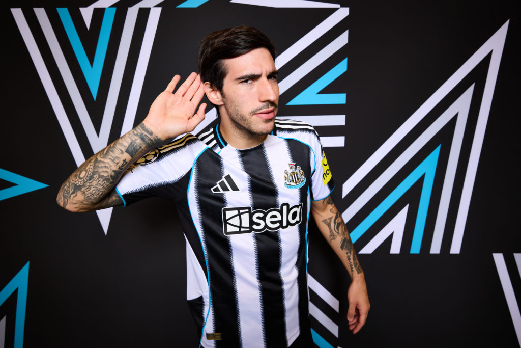 Newcastle United midfielder Sandro Tonali poses for a portrait during a Champions League promotional campaign.