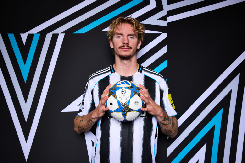Newcastle United striker Nick Woltemade poses for a Champions League photoshoot.