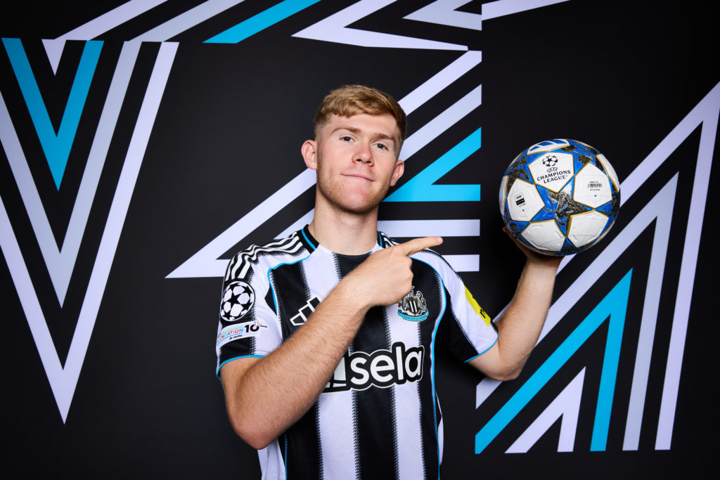 Lewis Hall poses for his Champions League portrait in a Newcastle United shirt.